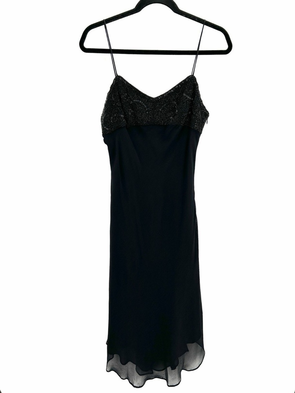 BANANA REPUBLIC Black 100% Silk Beaded Top Spaghetti Strap Y2K Midi Dress Size 8